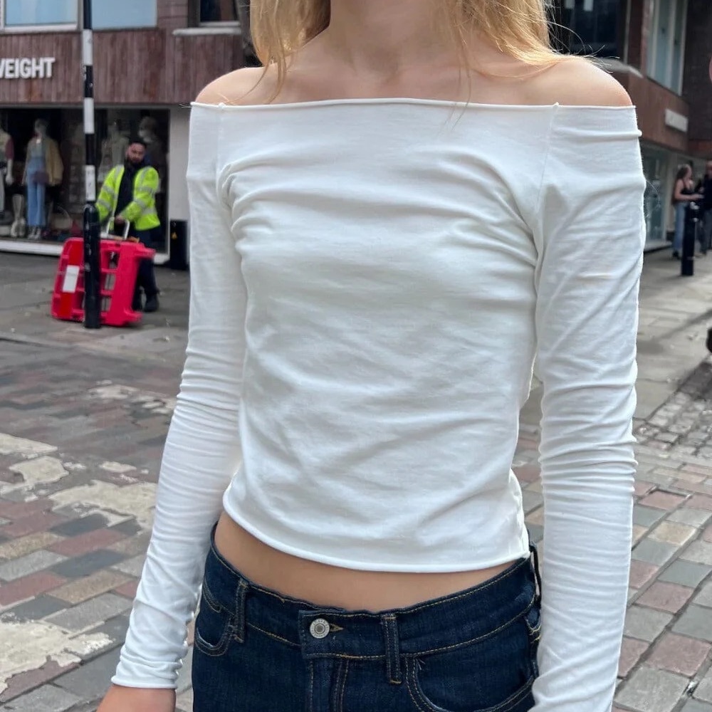 Brandy Melville White Bonnie Off The Shoulder Long Sleeve Top